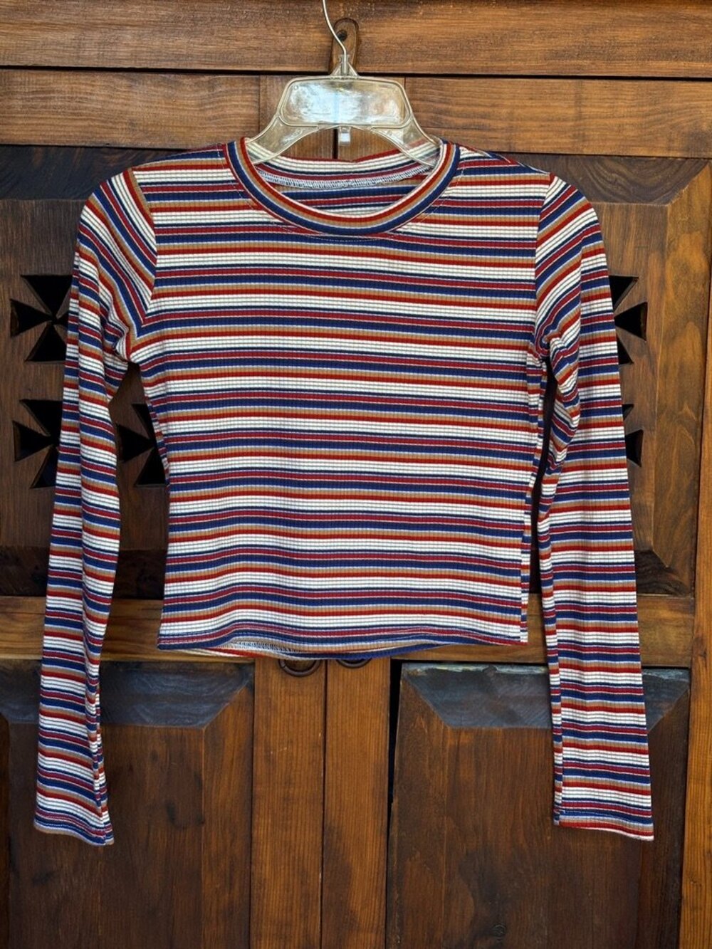 Retro 90s Multi Color Striped Ribbed Long Sleeve Crop Top M 🌈